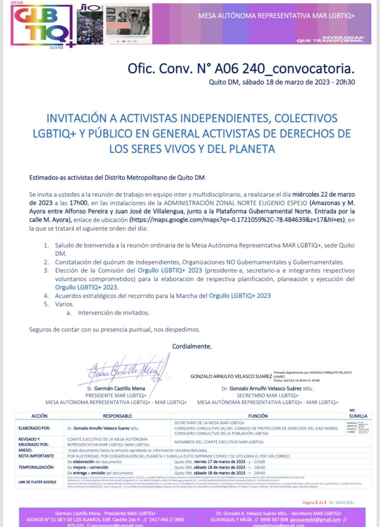 Invitación a sesión de la Mesa Representativa LGBTIQ+ de Quito